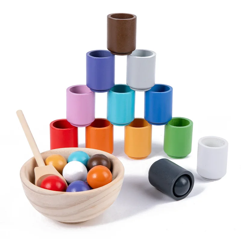 Color Classification Toy,Kids Wooden Balls And Cup Sets With 12 Colors ...