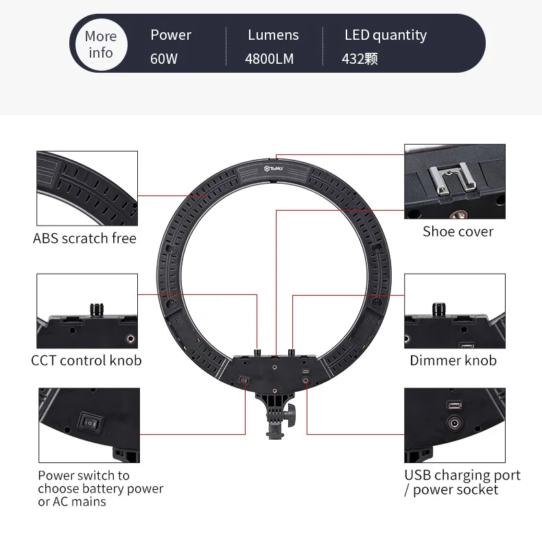 Tolifo 19 inch USB Beaty Ring Lamp Video Selfie LED Ring Light for Make up Live Broadcast