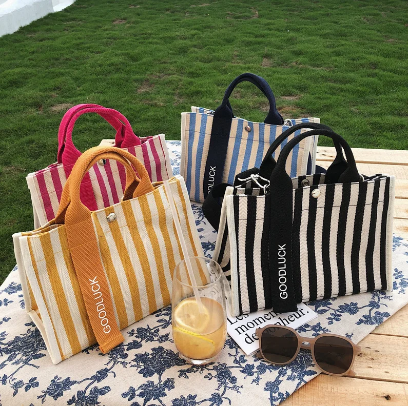 Women Striped Customized Cotton Canvas Bags Casual Large Handbag Canvas