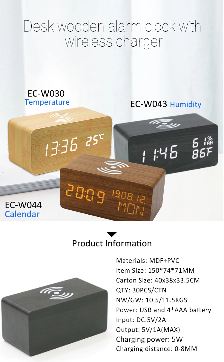 Factory wholesale Mobile phone 10W QI wireless charger digital alarm clock with calendar,temperature,date display