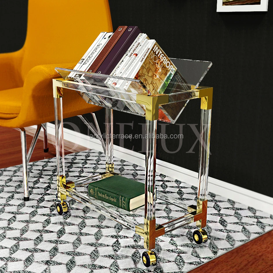 Rolling Acrylic Occasional Side Table With Metal,Lucite Small Bookshelf