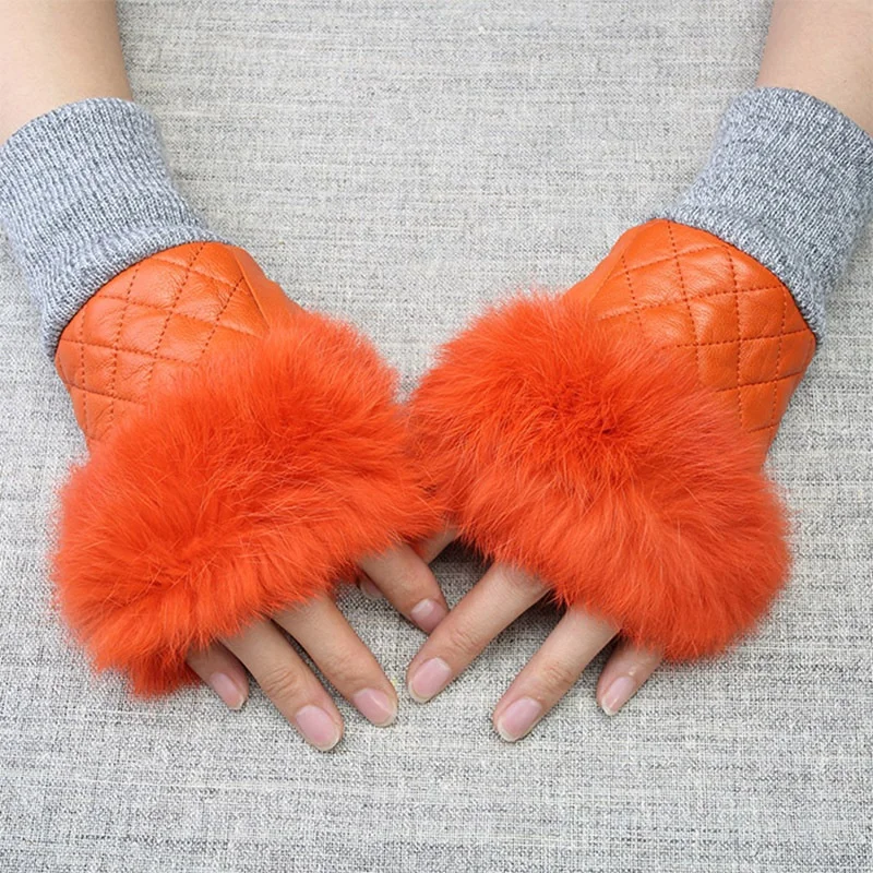 Genuine Sheep Leather Fingerless Mitten Real Rabbit Fur Fashion Winter Lady Mittens Buy 1234