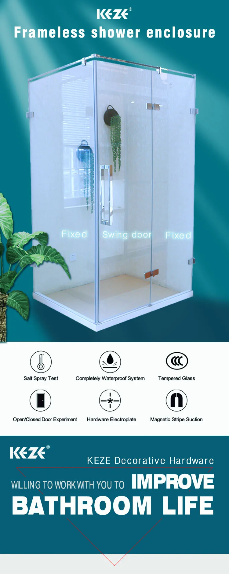KEZE rectangle  Stainless steel tempered glass frameless hinge shower enclosure