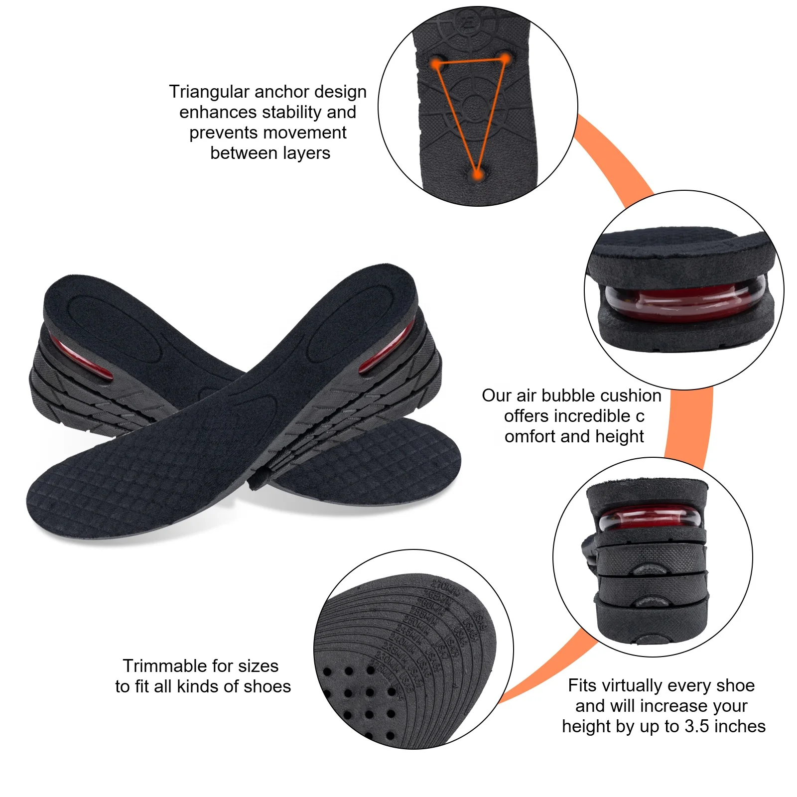 Height Boosting Shoe Lift 4 Layer Height Increasing Insoles Adjustable