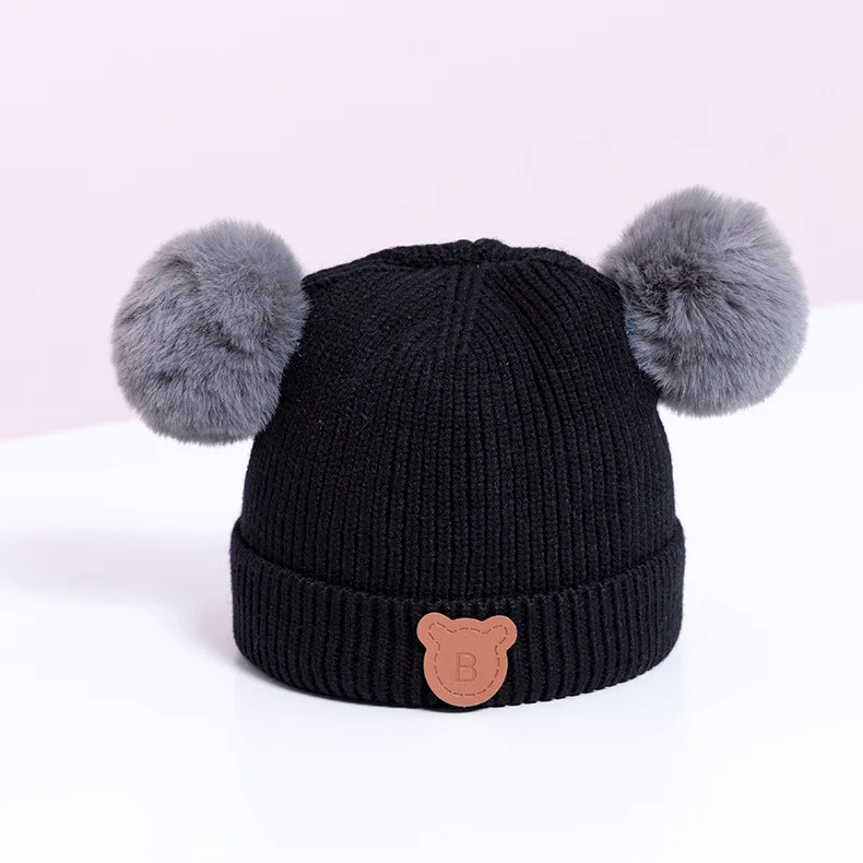 LRT Wholesale Winter Custom Logo Kids Brushed Hat Pure Color Earflaps Cap Cute Bear Baby Knitted Hat With Pom Pom Ears