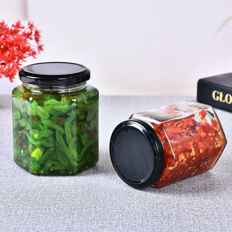 Wholesale Six edge glass bottle pickle Honey jar sealed spiral glass jar details