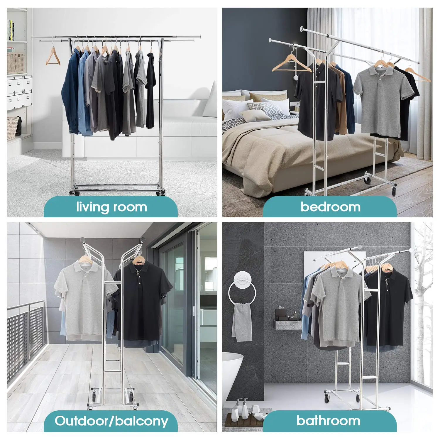 Heavy Duty Double Rod Adjustable Rolling Garment Rack Rolling Garment
