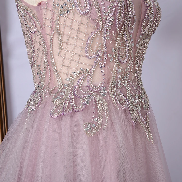 Fancy tulle beading spaghetti strap sweep train pink elegant long special occasion prom dresses .JPG