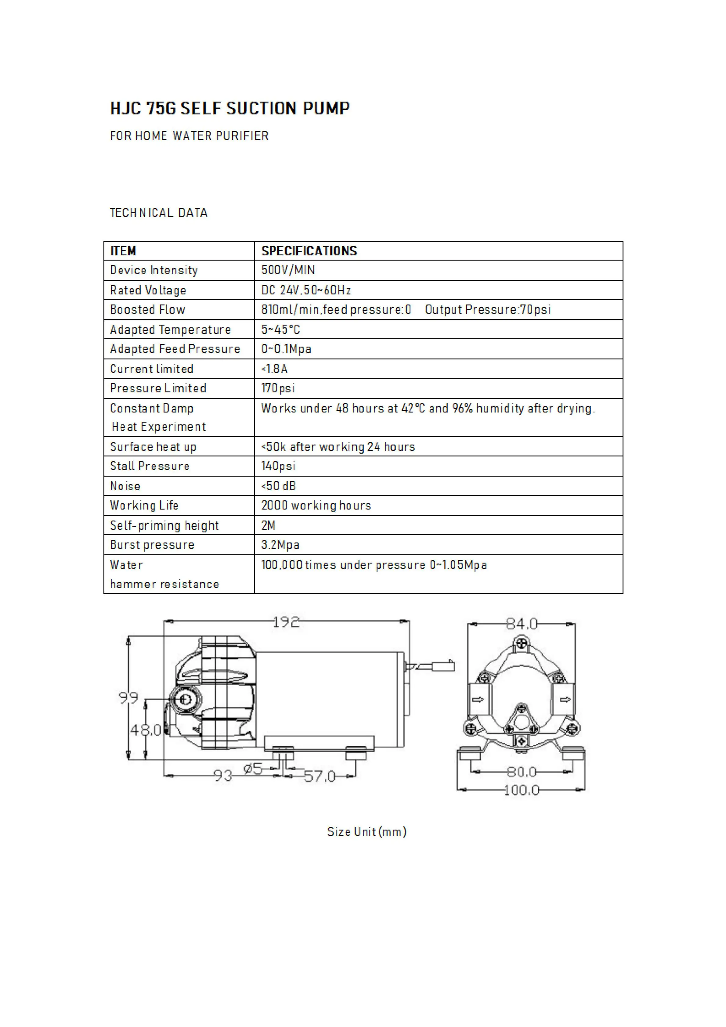HJC 24V dc 75GPD Ro self-priming pump Ro water purifier suction pump