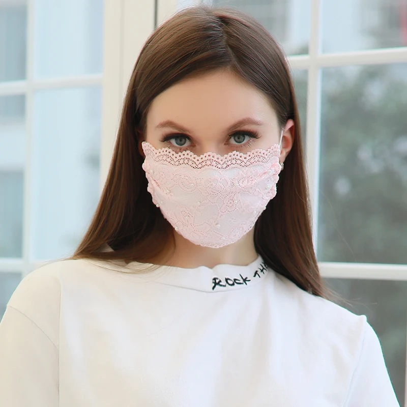 
Hot Sale Pearl Lace Facemask Breathable Reuseable DustProof SprayProof Facemask 