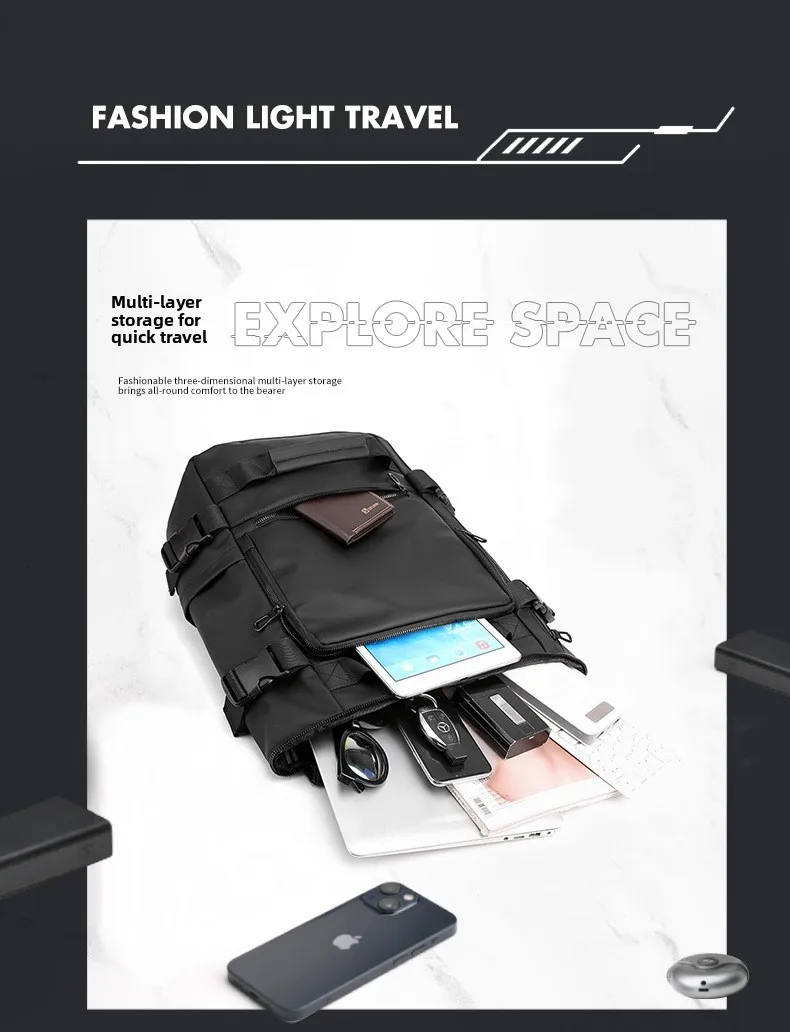 Men's Large Capacity Waterproof GPS Backpack Multifunctional PU Laptop Bag Zipper Handheld Business Travel Crossbody Polyester