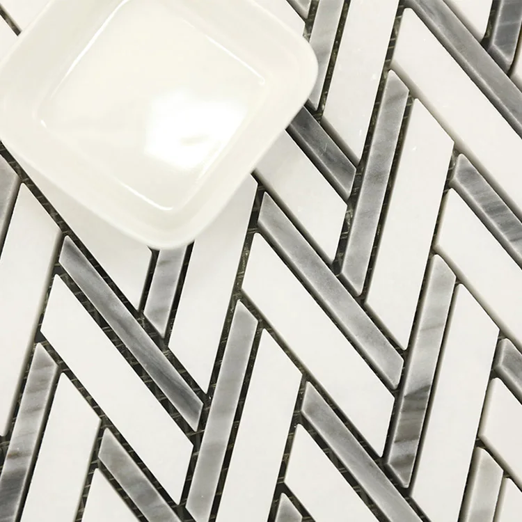 High quality Elegance Thassos White + italian Grays Herringbone Mixed Marble Mosaic