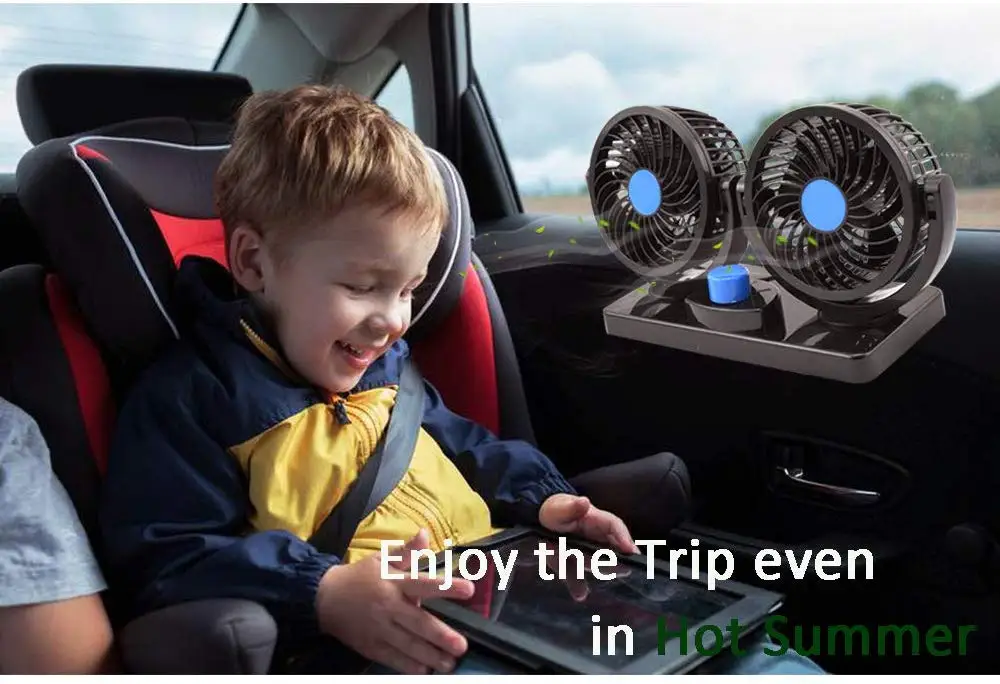 Car Cooling Air Fan 12V Powerful Quiet 2 Speed 360 Degree Rotatable 12V Ventilation Rear Seat with Kids Safe Design Zone Tech 12V Dual Head Car Auto Electric Cooling Air Fan for Rear Seat 