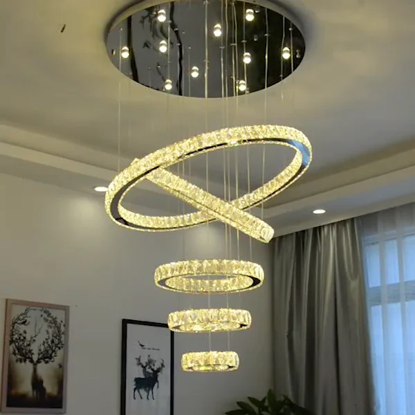 Modern ring round crystal hanging chandelier circular led pendant lamp 4 ring chandelier for restaurant living room hotel lobby