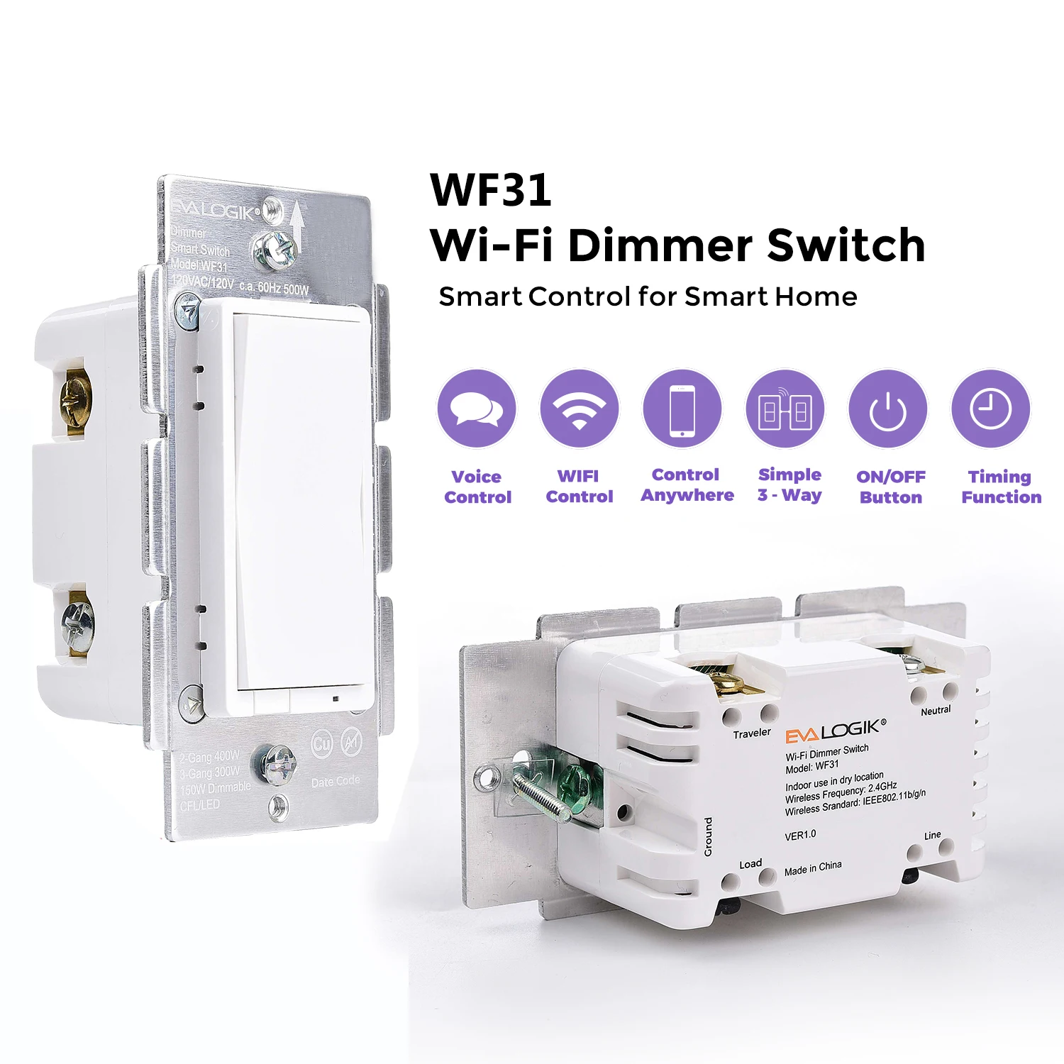 Wf31 Wifi 3 Way Led Dimmer Light Wall Switch,Work With Amazon Alexa And