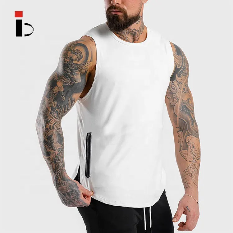 Wholesale Men Zipper Pockets Running Vest Round Neck Mens Tank Top
