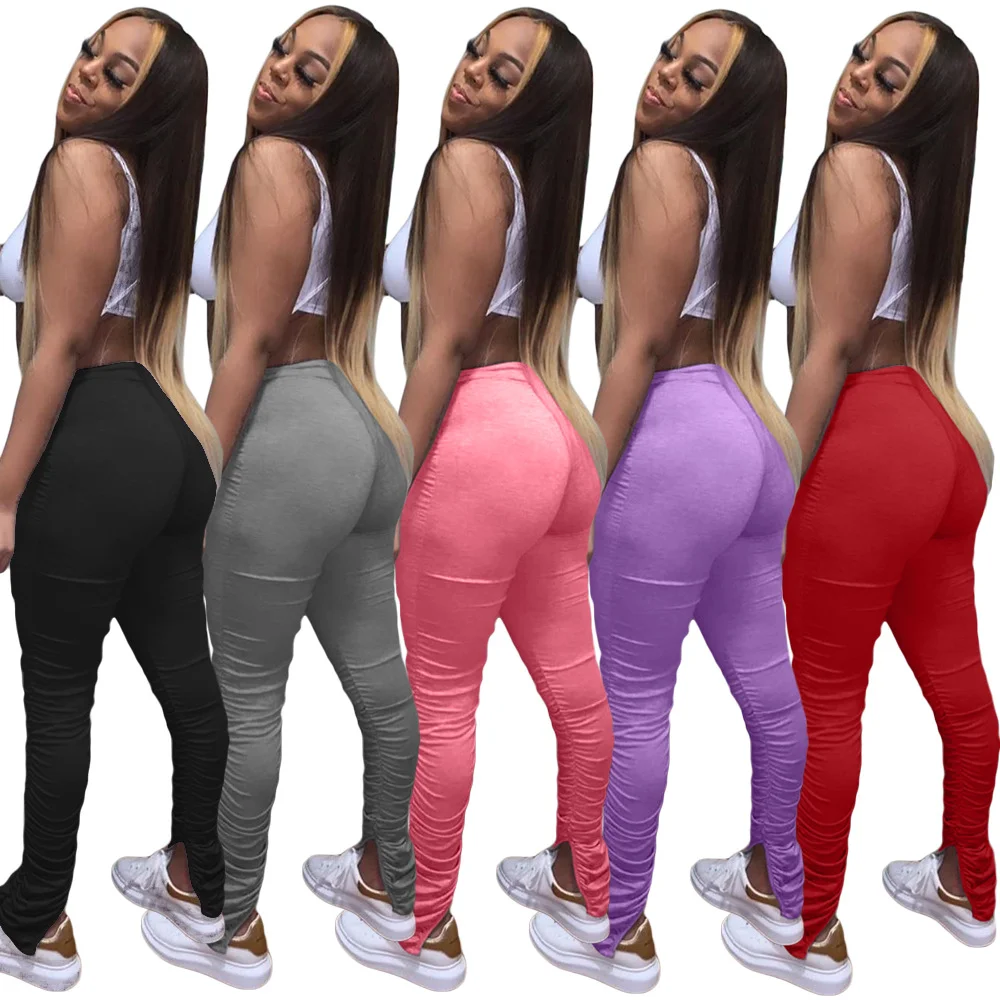 New Split Ruched Stacked Sweatpants Women Leggings Plus Size Pleated ...