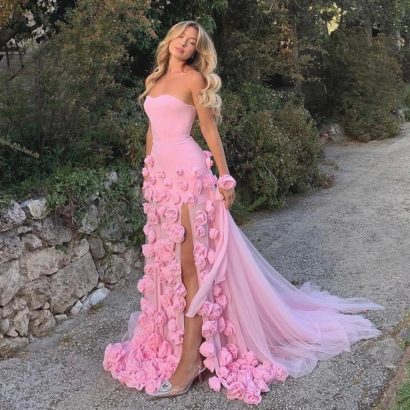 mermaid pink prom dresses 2024 Chic Baby Pink 3D Flowers Mermaid Evening Dress 2024 Elegant Sweetheart  Side Slit Sexy Girls Prom Party Gowns Sf009-1
