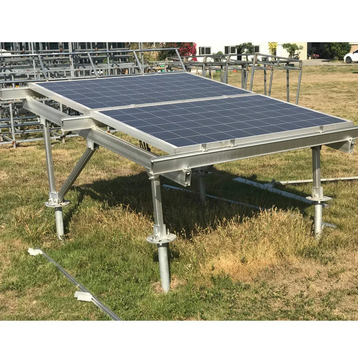 Close-up of aluminum ground mount racking with labeled tilt adjustment bolts and corrosion-resistant coating