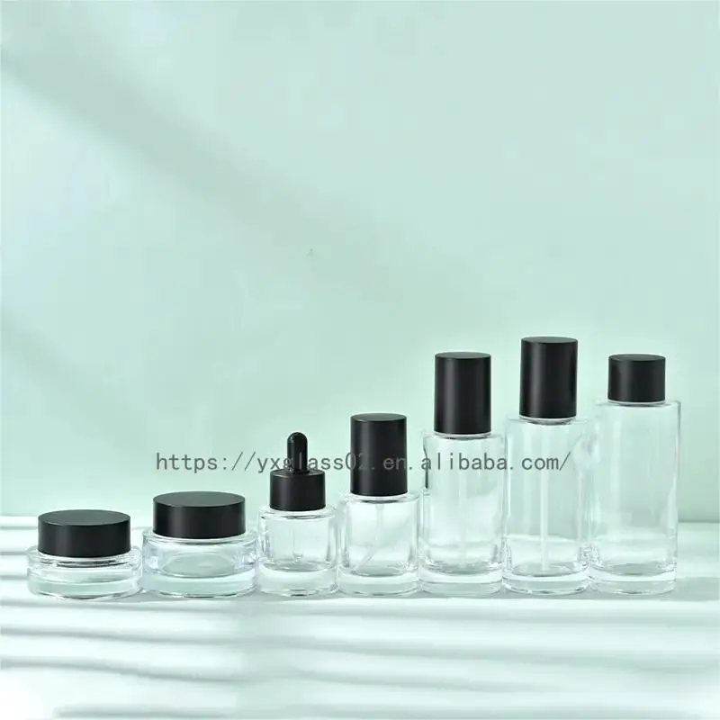 Custom round flat shoulder dropper /pump/cream glass bottles cosmetic set  custom color 50ml100ml120ml150ml30g50g supplier