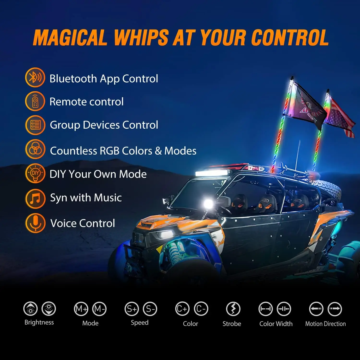 thumbnail image 2 of BEVINSEE RGB LED Whip Light – 3ft 4ft 5ft 6ft – Bluetooth App Control For Jeep RZR Buggy 2 of 5