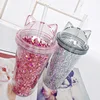 Manufacturers wholesale gift glitter hot cold beverage 420ml 14oz double wall plastic cup with cat ear and Straw