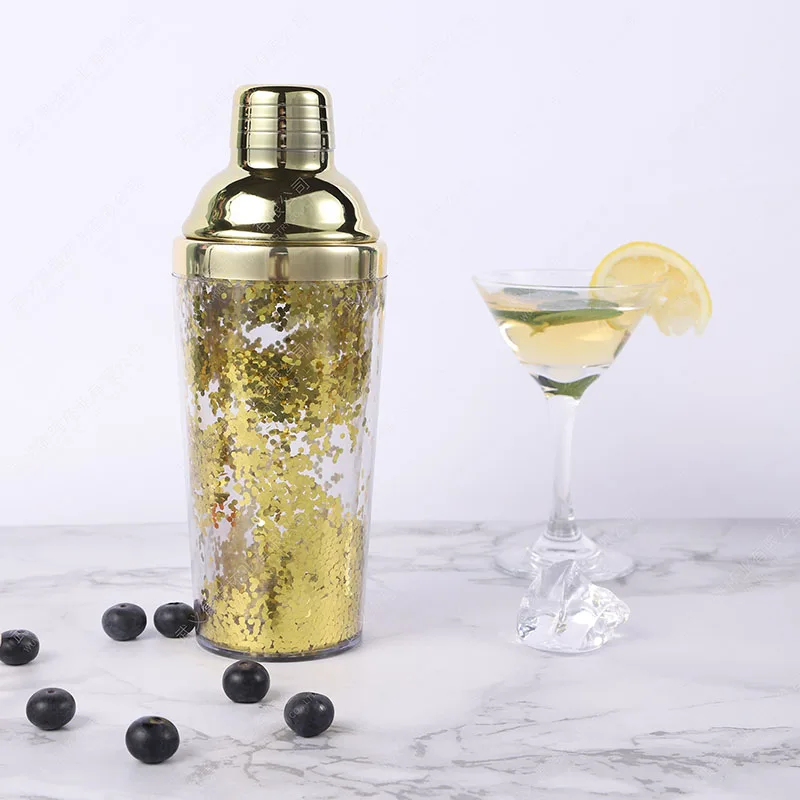 product creative fashion dual layer plastic stainless steel 450ml reusable durable cocktail shaker sparkle glitter wine boston shaker-3