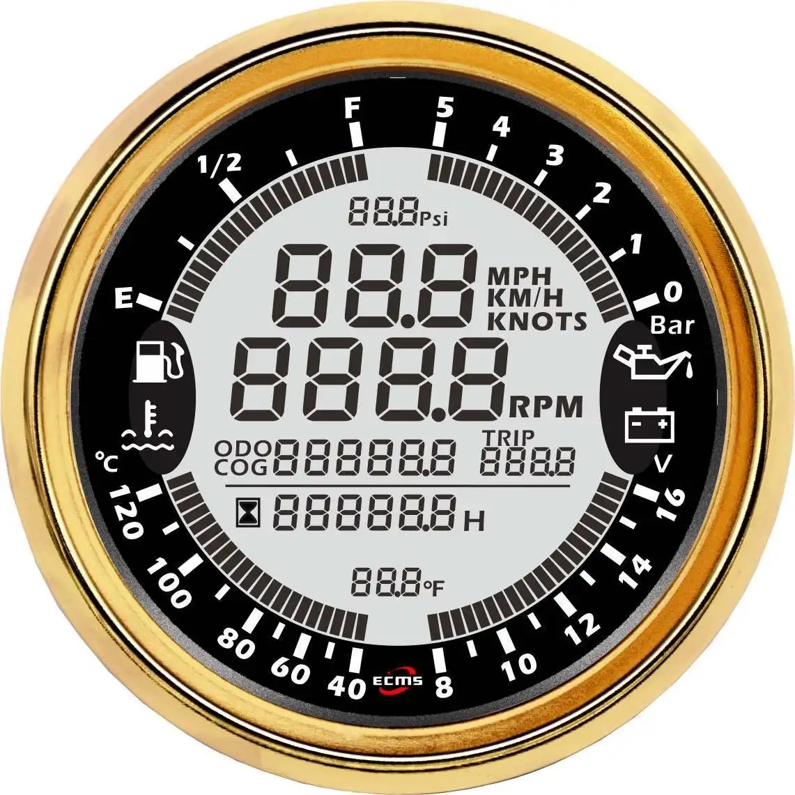 Boat Digital GPS Speedometer Tachometer 6in1 MultiFunction Gauge 8-16V 10Bar 85mm