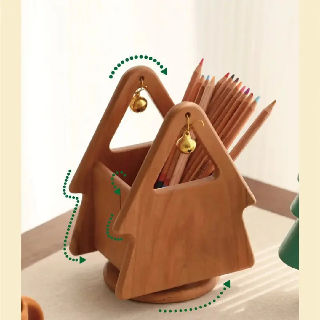 Triangular Pen Box Creative Triangle Shape Rotating Wooden Pen Holder & Makeup Brush ...