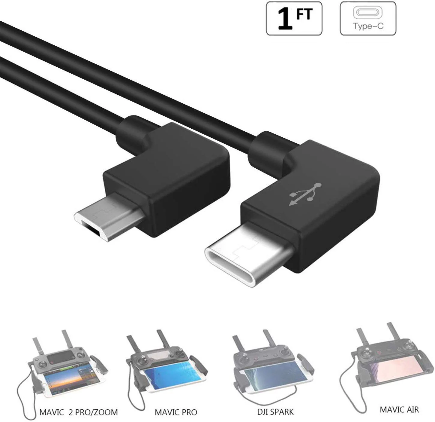 90 Degree 1ft Usb C Male To Usb Micro 5pin Male Cable For Dji Drone