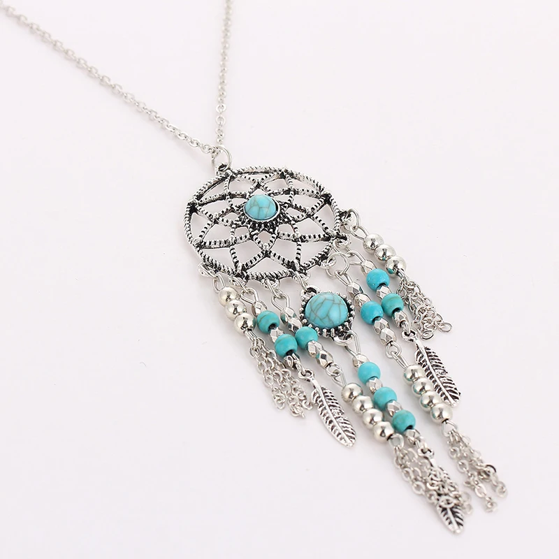 Vintage fringed feathers turquoise necklace bohemian jewelry dream catcher sweater necklace N175