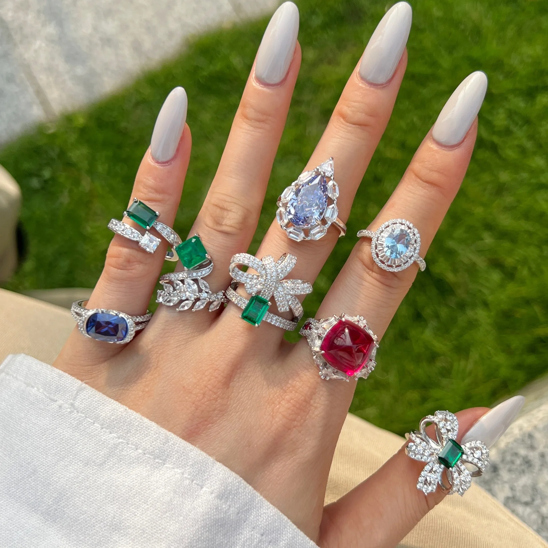 Women's S925 Sterling Silver Ring New Fine Gem Water Drop Geometric Bow Pagoda with Lab Diamond Gemstone Rings