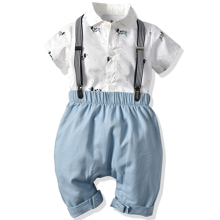 Summer children clothing sets woven cotton puppy print baby boys short sleeve romper strap shorts suits