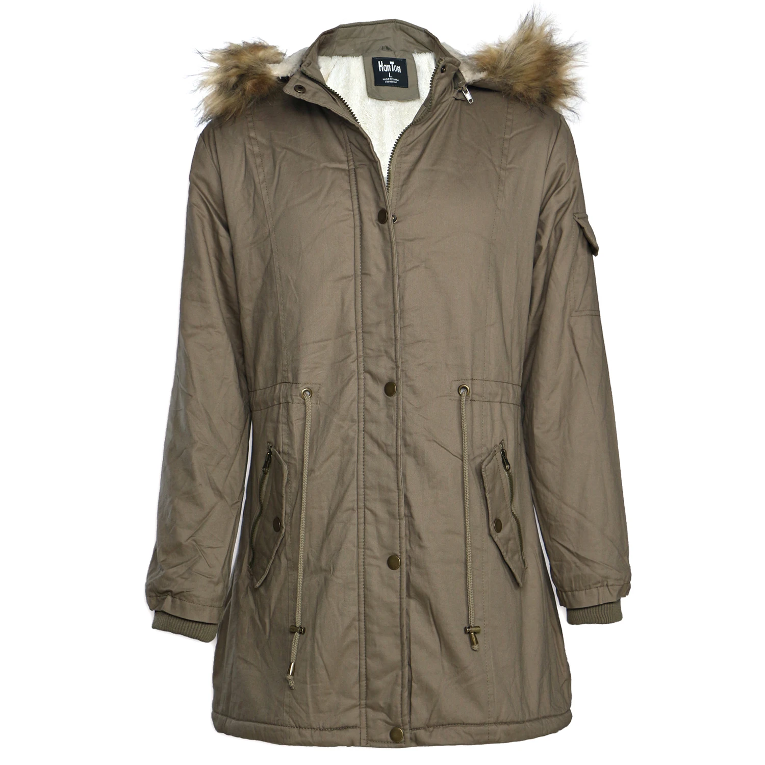 
ladies 100% soft cotton shell sherpa lined jacket w/detached hood fish tail 