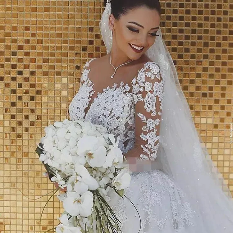 Scoop Arabic saxy Mermaid Wedding Dresses Long Sleeves  Bride Dresses Applique Beaded Middle East Bridal Wedding Gowns