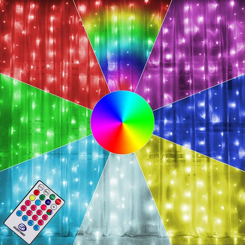 Twinkle Star 300 LED Window Curtain string Light  Rainbow RGB Color Changing LED Curtain Light for Christmas Party decoration
