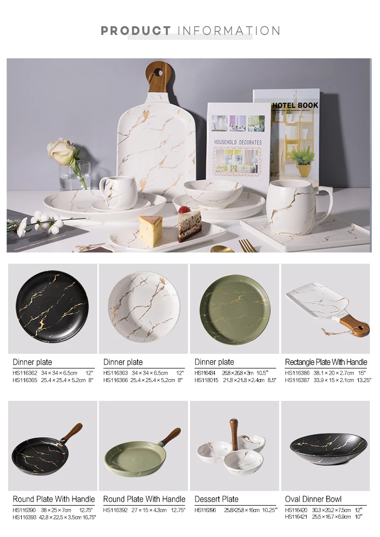 New Style Gold Inlay Porcelain Plates, Cafe Hotel Restaurant Crockery Dishes, Marble Ceramic Dinner Plate*