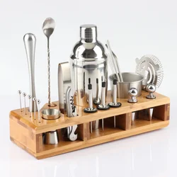 Premium Quality Stainless Steel Bartender Kit Cocktail Shaker Bar Set with Wooden Stand
