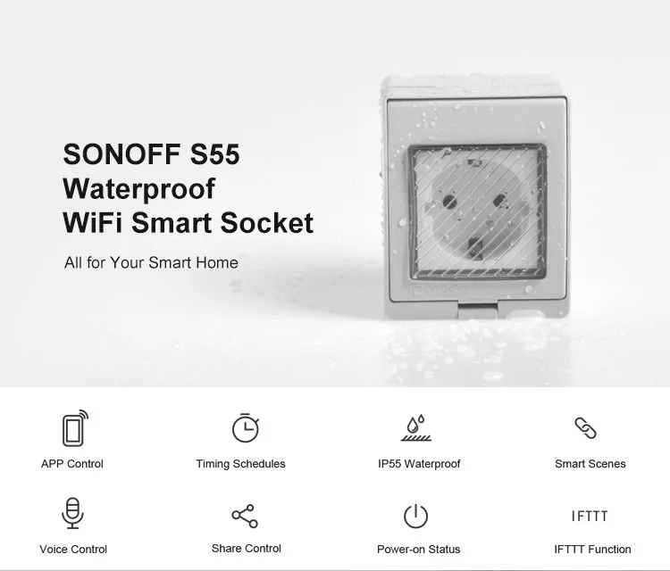 SONOFF S55 US WIFI Smart Power Socket Outdoor Plug IP55 Waterproof App  Control