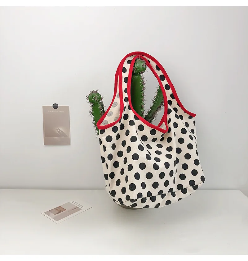 2024 Japanese Style Canvas Shopping Bag Fashionable Dot Casual Shoulder Handbag Outdoor Canvas Shopping Bag