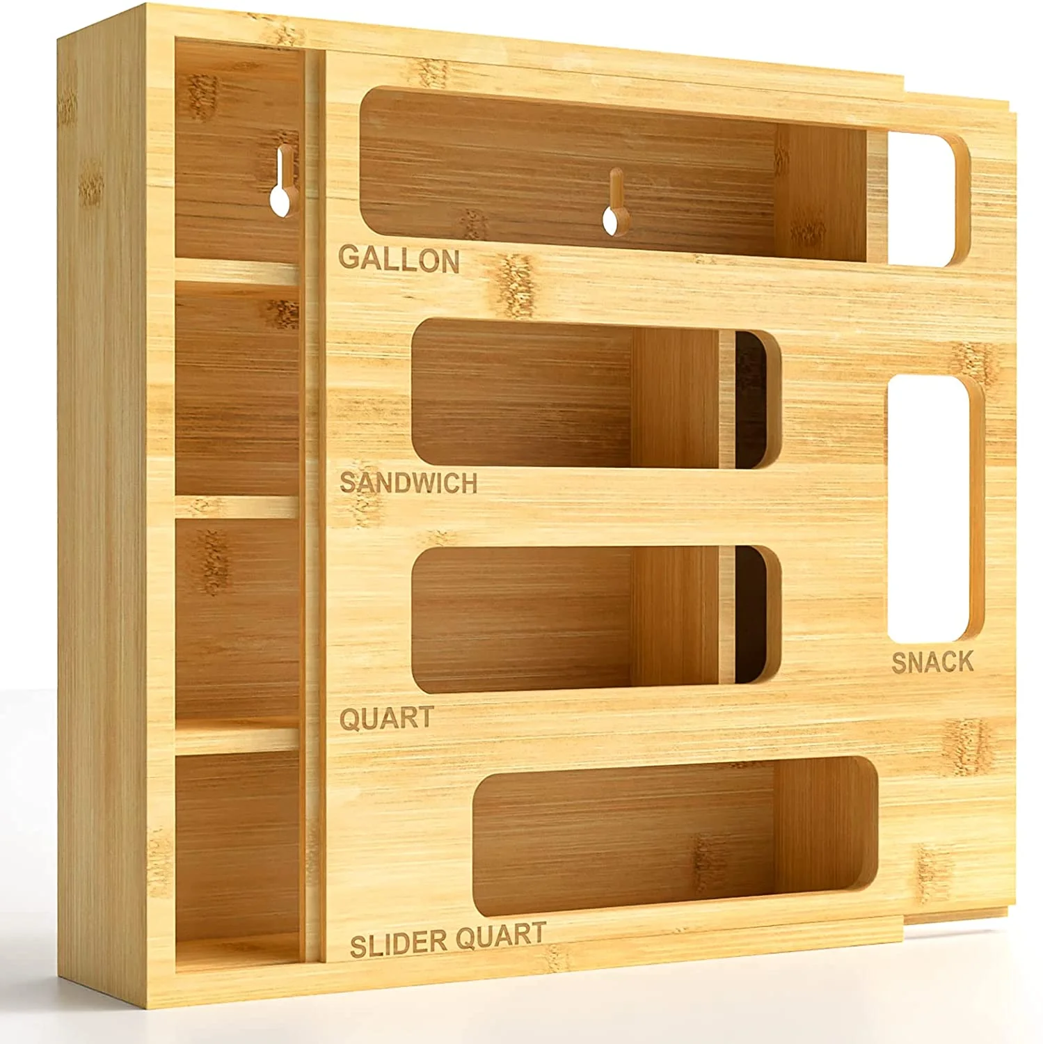 Bamboo Ziplock Bag Storage Organizer For Kitchen And Dispenser Storage