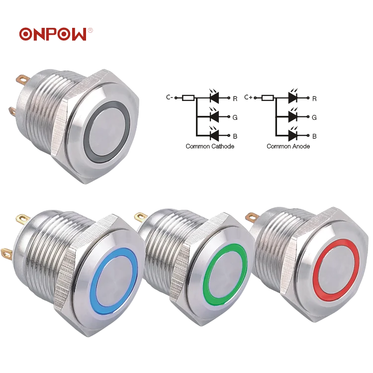 ONPOW 16mm 3 LED color RGB metal push button switch (GQ16F-10E/J/RGB/S,IP65 waterproof,CE, RoHS)