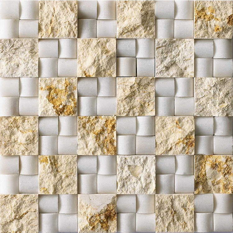 Wholesale Price Yellow White Seamless Tightly Structured cube 3d Rock Stone Mosaic Tiles
