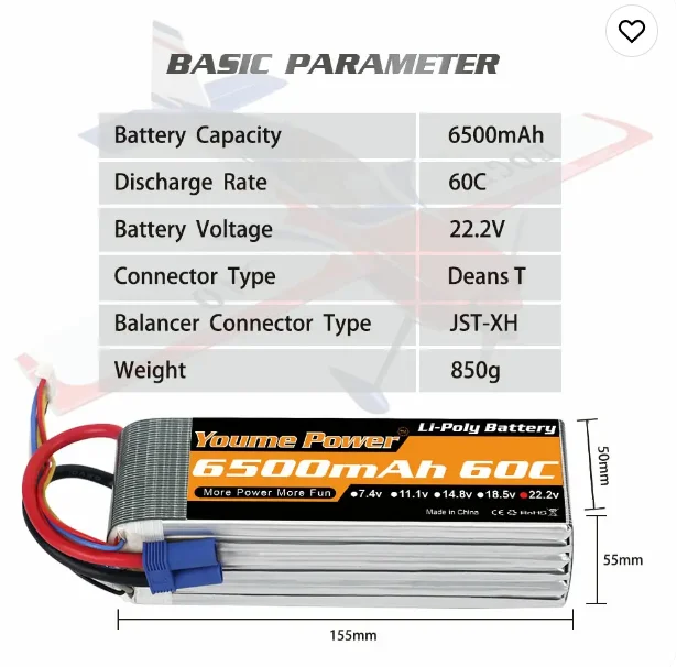  6500mah 2s 3s 4s 6s 7.4v 11.1v 14.8v 22.2v with T/XT60/TRX/XT90/EC5 plugs for FPV details