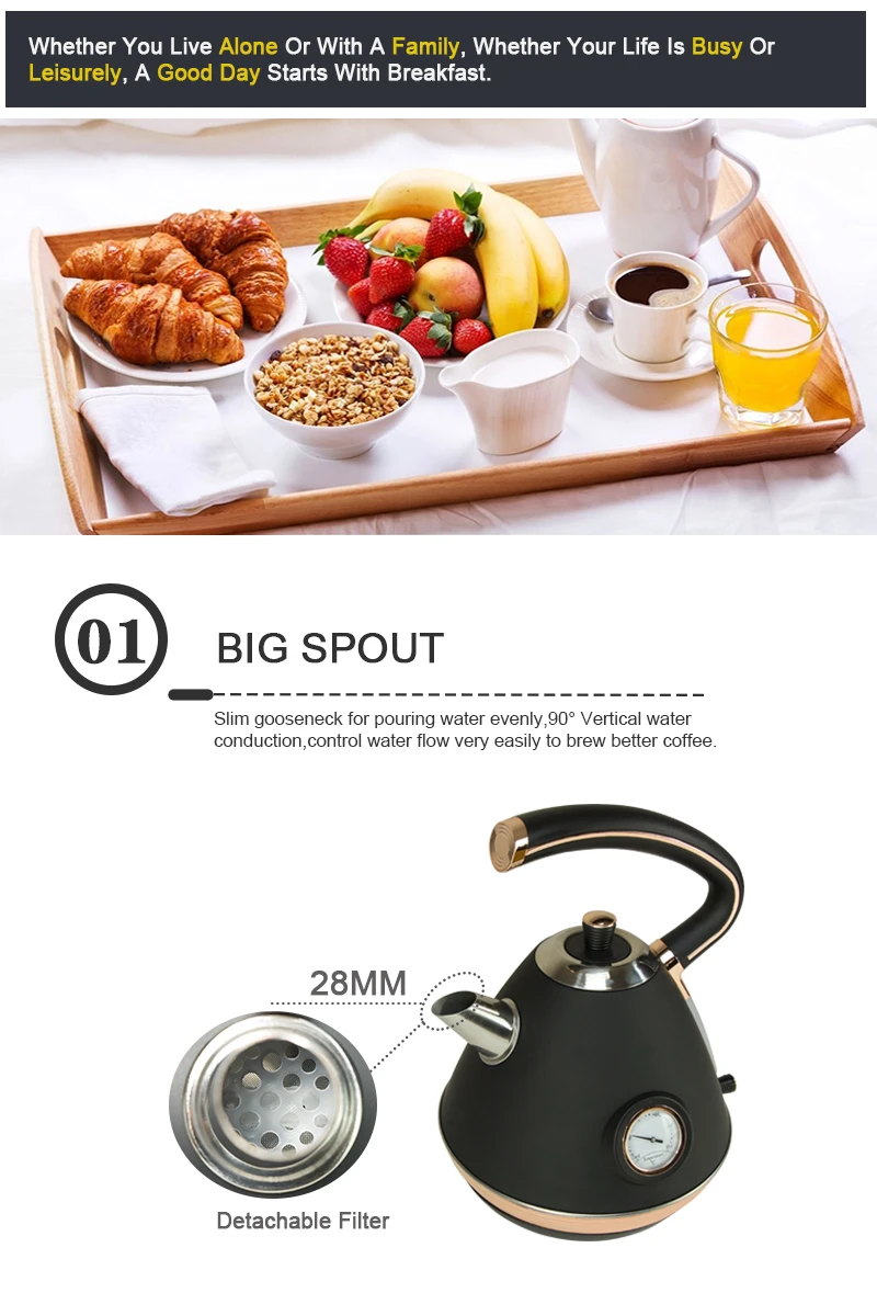 2020 High quality retro rose gold and black color big capacity 1.7L electric water kettle home appliances with thermometer