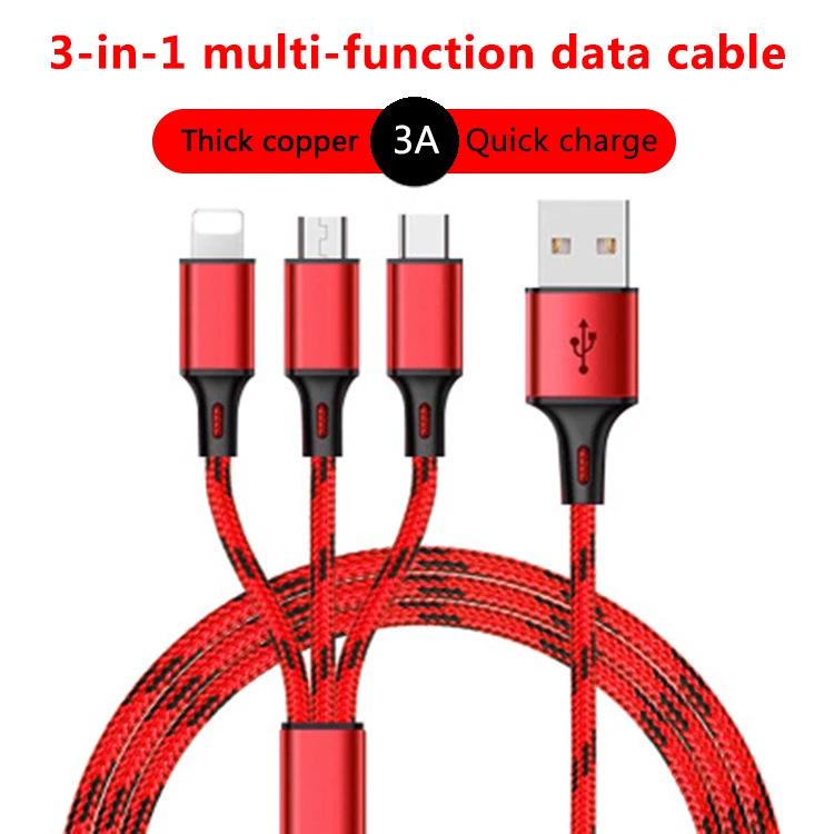 fast charge pvc or braided 0.5m 1m 1.2m 1.5m 1.8m 2m 3m 5v 3a usb 3 in 1 data cable for mobile - ANKUX.COM