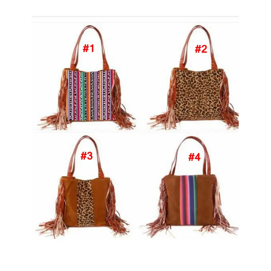 Leopard Fringe Messenger Bag Striped Patchwork Tassel Crossbody Bag