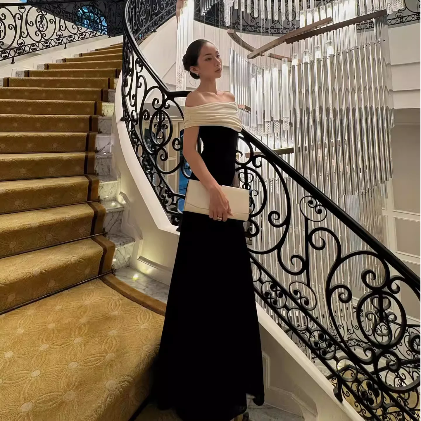 Elegant Chic White Black Contrast Maxi Dress Off-shoulder Day To Night Formal Gown Simple Chic Women Party Wedding Dinner Dress