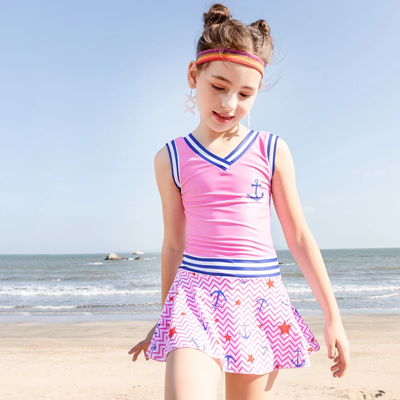 Little Girls Custom One Piece Swimwear Fashion Soft Blue Kids Waisted ...