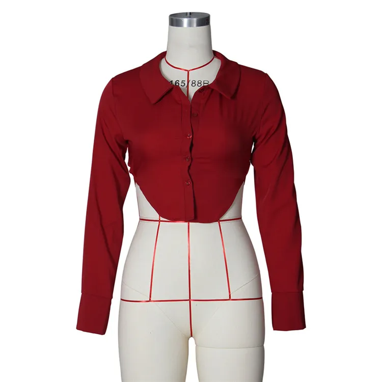 Turndown Neck Solid Button Up Ladies Crop Tops Shirts For Women Blouses Long Sleeve Shirts Women Shirts